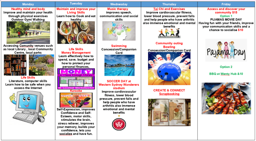 A weekly planner with daily activities, including exercise, music therapy, karaoke, soccer, Tai Chi, bowling, and community outings. Special events: pajamas movie day and BBQ.