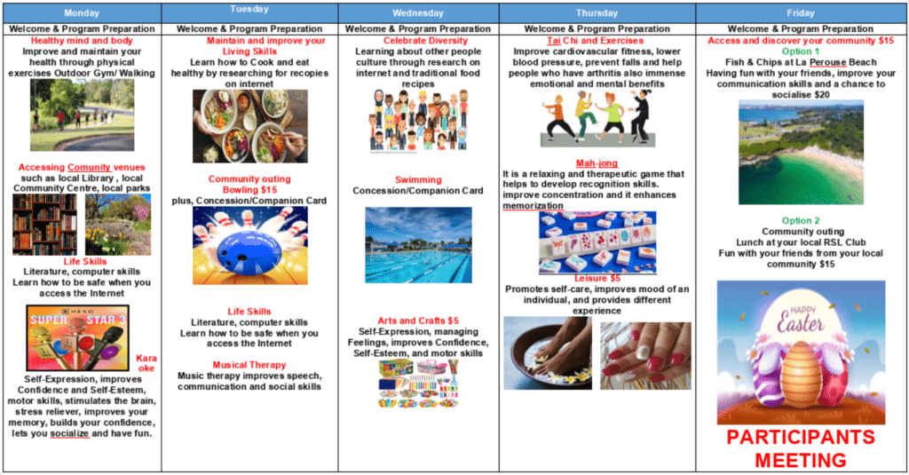 Weekly schedule for a program with activities such as swimming, cooking, karaoke, and mini-golf, including costs and themes for each day from Monday to Friday.