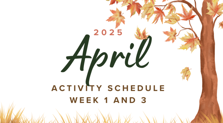 April 2025 activity schedule for weeks 1 and 3, with autumn leaves and a tree on the right side.