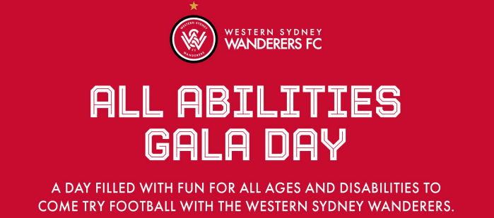 Red promotional banner for Western Sydney Wanderers FC’s All Abilities Gala Day, inviting people of all ages and disabilities to try football.