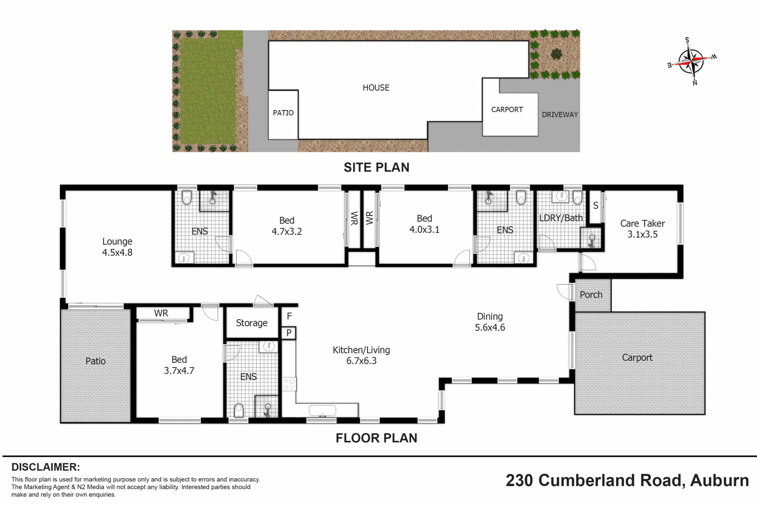 Floor plan and site plan of the Beyond Care Auburn SDA home showing three bedrooms each with an ensuite, lounge, kitchen and living, dining, laundry and bathroom, care taker room, patio and carport