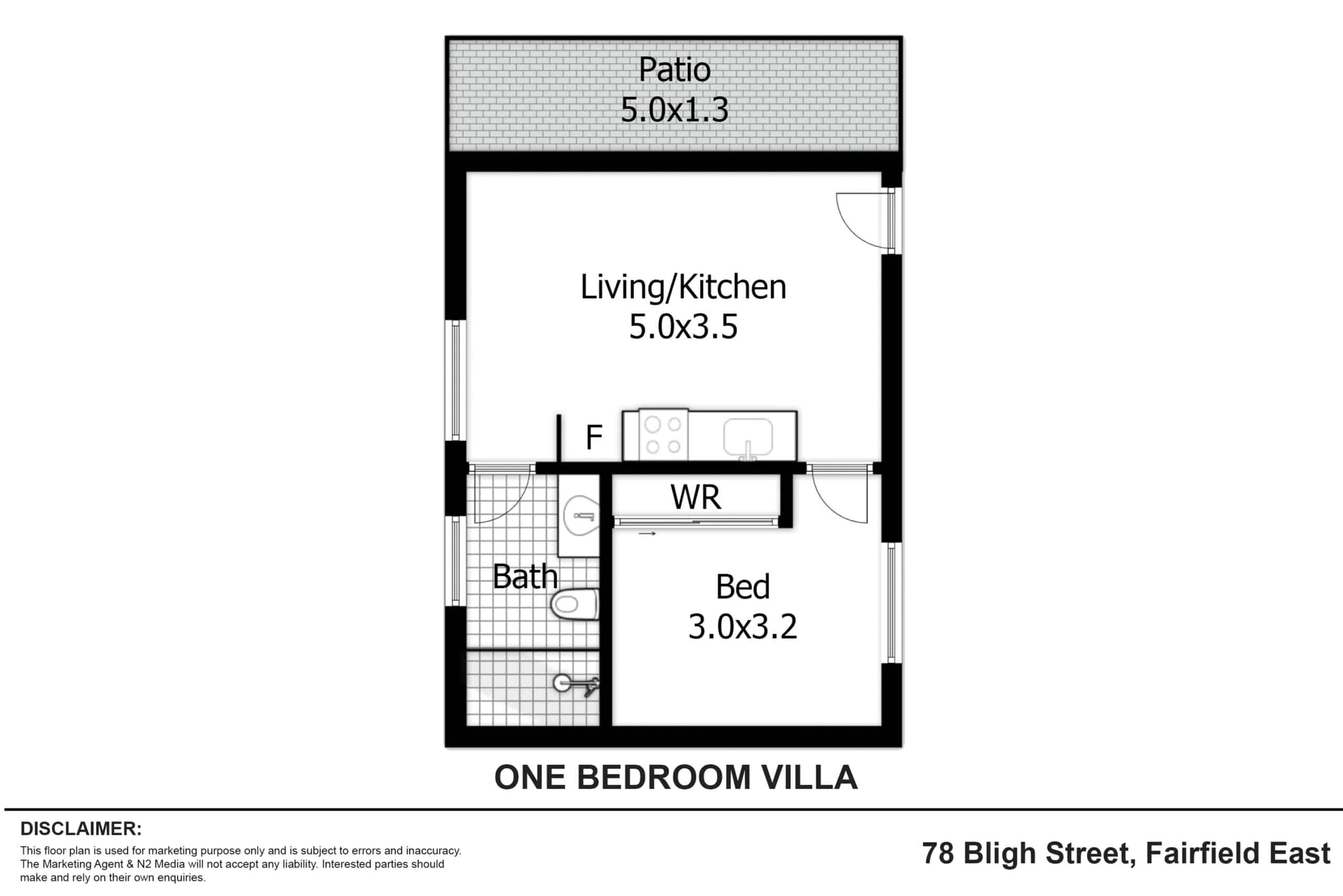 Floor plan of the Beyond Care one bedroom villa in Fairfield showing living and kitchen, bedroom with robe, bathroom and patio