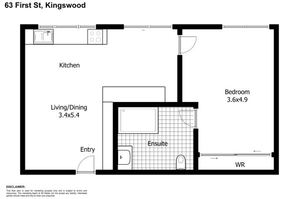 SDA in Penrith 9 Black and white floor plan of a one-bedroom unit showing kitchen, living/dining area, entry, ensuite bathroom, bedroom, and walk-in robe (WR).