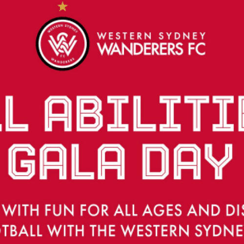 Red promotional banner for Western Sydney Wanderers FC’s All Abilities Gala Day, inviting people of all ages and disabilities to try football.