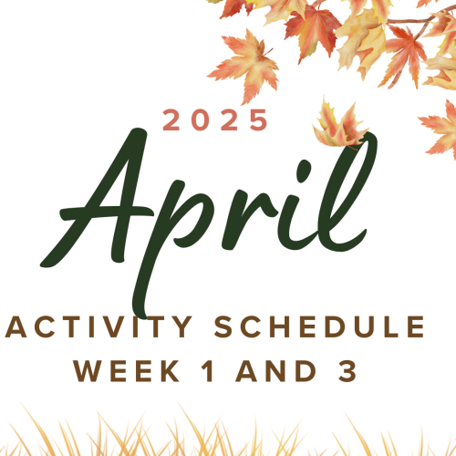 April 2025 activity schedule for weeks 1 and 3, with autumn leaves and a tree on the right side.