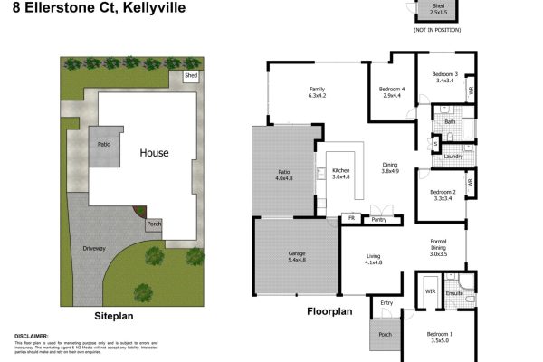 Kellyville 9 Site and floor plan for 8 Ellerstone Ct, Kellyville, showing house layout, garage, patio, family and formal living areas, four bedrooms, laundry, and external shed.