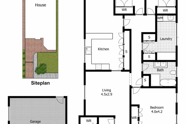 Fairfield 13 Floorplan for 8 Joyce St, Fairfield showing a single-story house with four bedrooms, two bathrooms, kitchen, living areas, laundry, patio, staff room, and detached garage.