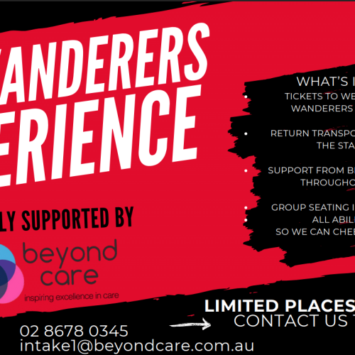 Red promotional banner for The Wanderers Experience, listing included benefits like tickets, transport, support, accessible seating, and contact details for booking, supported by Beyond Care.